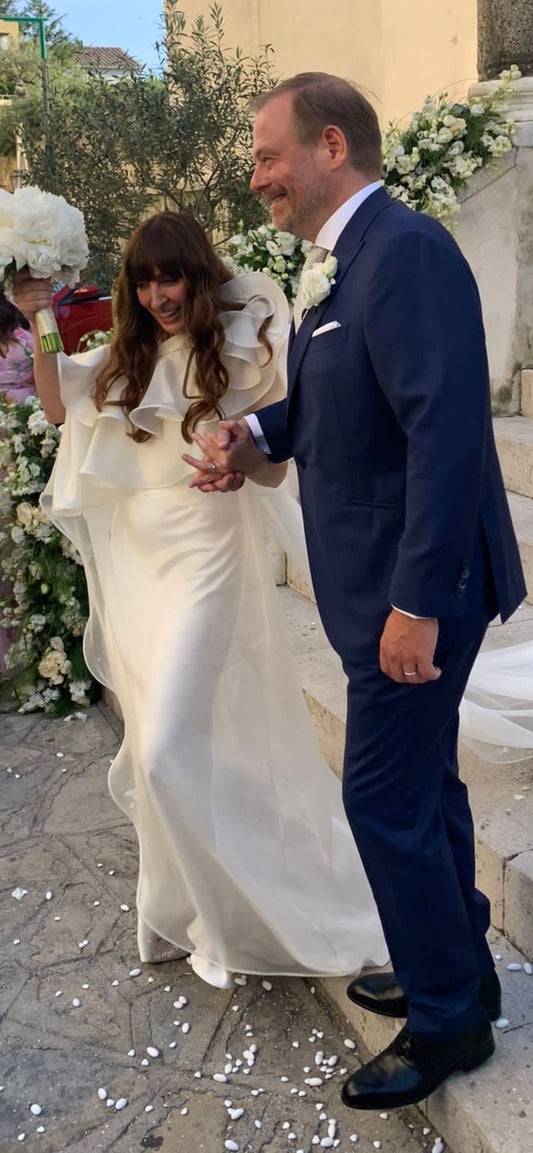 Custom Made Wedding Dress For Filomena Troiano. Organza Cover Cape. Crystals Embellished Blouse. Reception Dress 3D Embroidered.